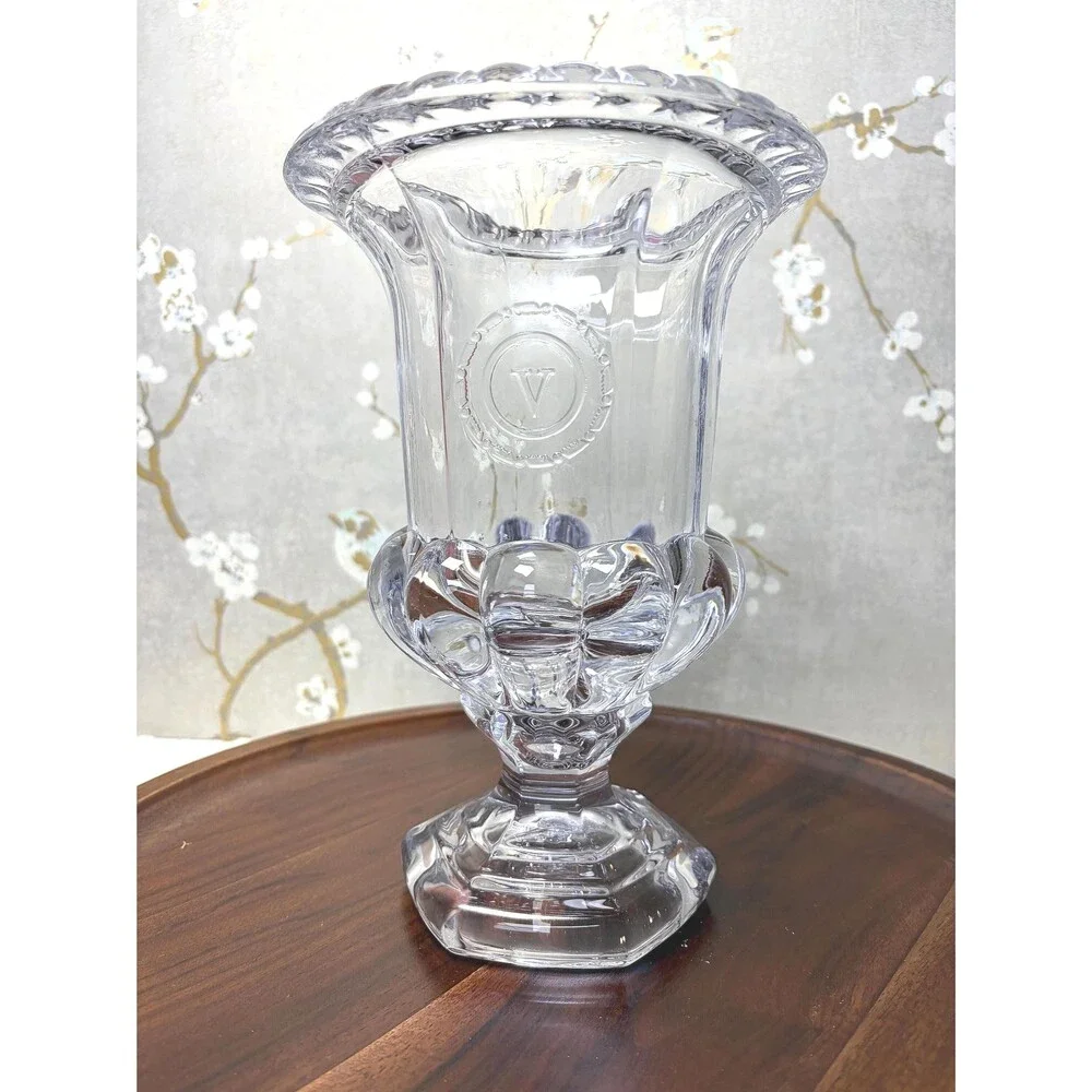 Vintage Summit Glass Co Clear Pressed Glass Urn Vase Monogram V Medallion 9